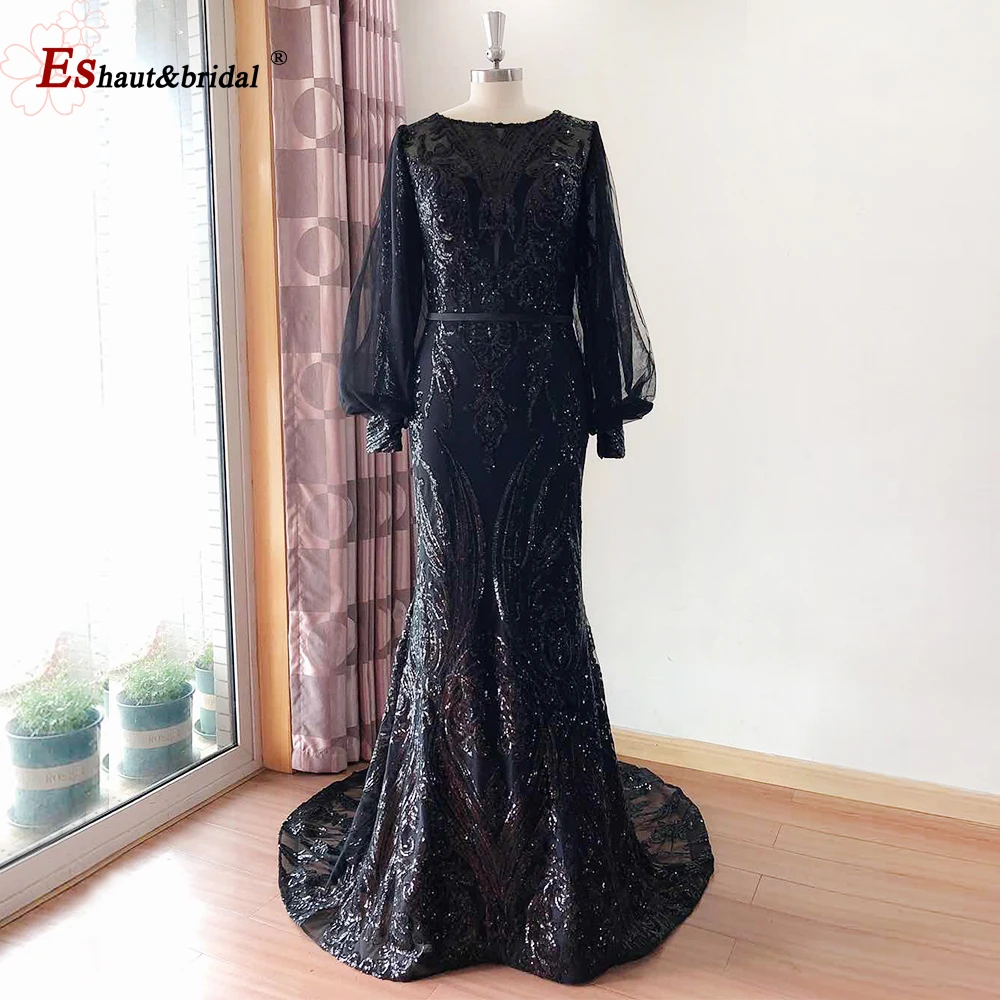 Elegante Muslimischen Dubai Meerjungfrau Abend Nacht Kleid für Frauen 2023 O Neck Lange Puff Ärmeln Pailletten Formale Prom Hochzeit Party kleider