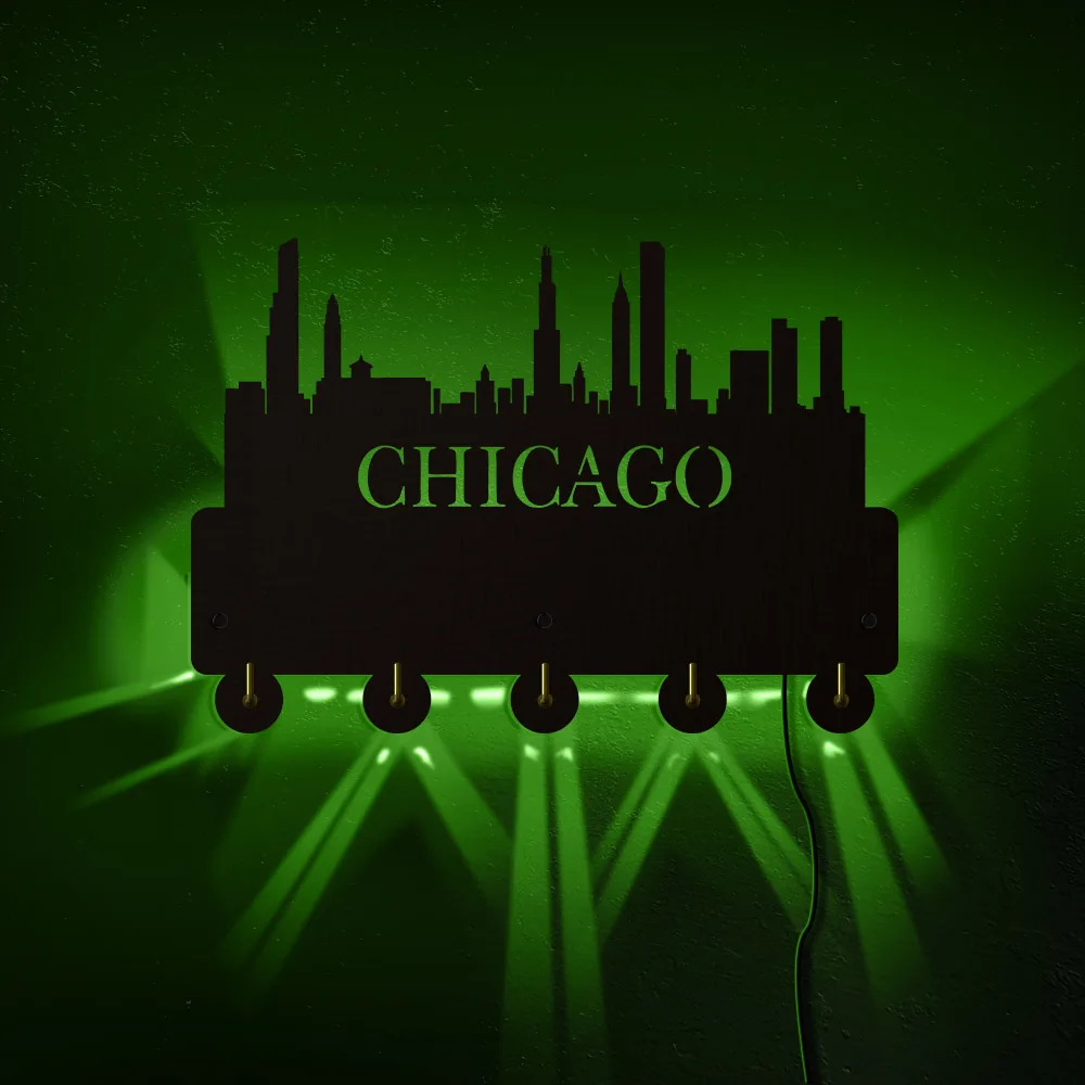 

Chicago Skyline Coat Hooks Cityscape Windy City Key Hanger RGB LED Lighted Wall Art Home Decor Remote Control Household Hanger