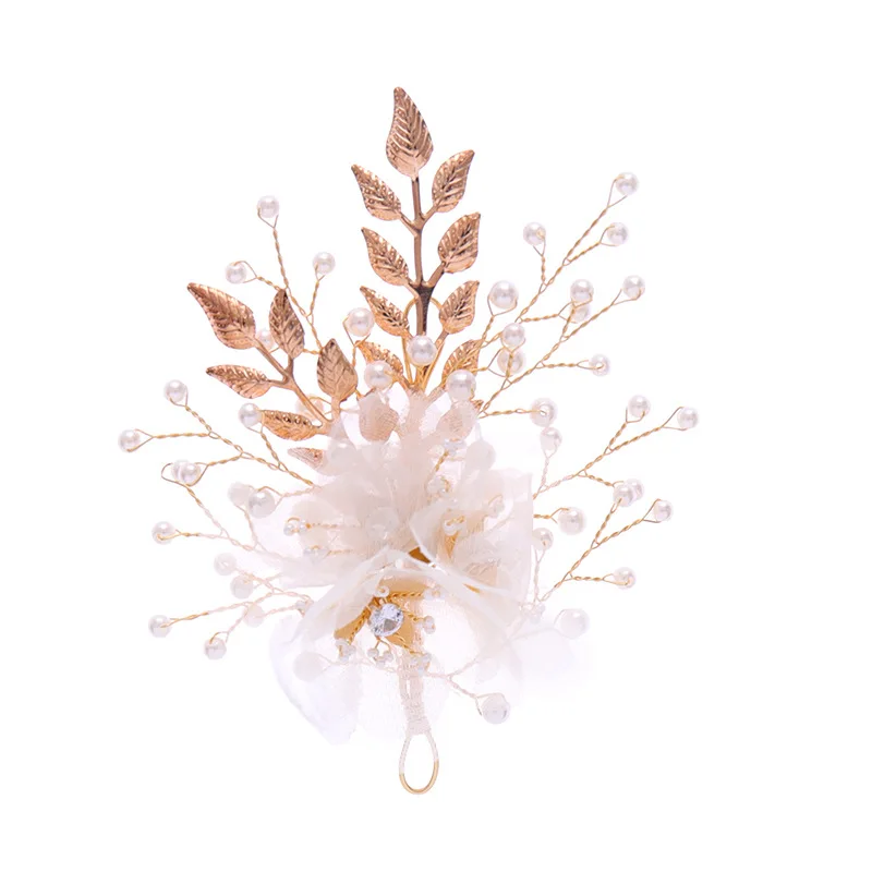 Pin Rambut Bunga Elegan Benang Renda Putih Bunga Daun Emas Jepit Rambut Mutiara Headpieces Pernikahan Aksesoris Rambut Pengantin LL @ 17