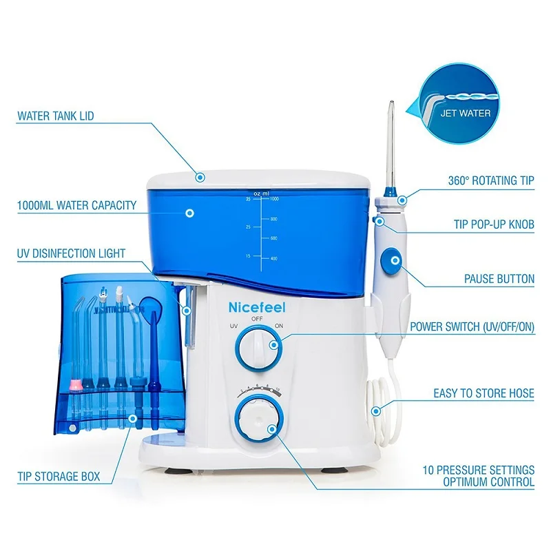 Nicefeel-irrigador Oral y limpiador Dental de agua, limpiador Dental con tanque de agua de 1000ml, 7 boquillas, presión de agua ajustable