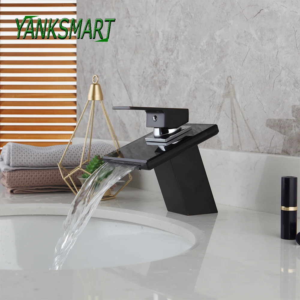 

YANKSMART Black Oil Rubbed Brass Bathroom Bathtub Basin Sink Faucet Single Handle Waterfall Deck Mounted Cold & Hot Mixer Tap