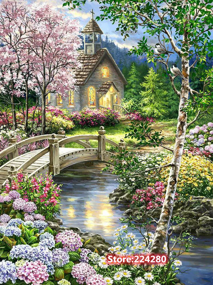 

Цветочный мост, река, водная хижина, пейзаж, рукоделие, набор для вышивки крестом, 14CT, вышивка крестиком без печати, декор ручной работы своими руками