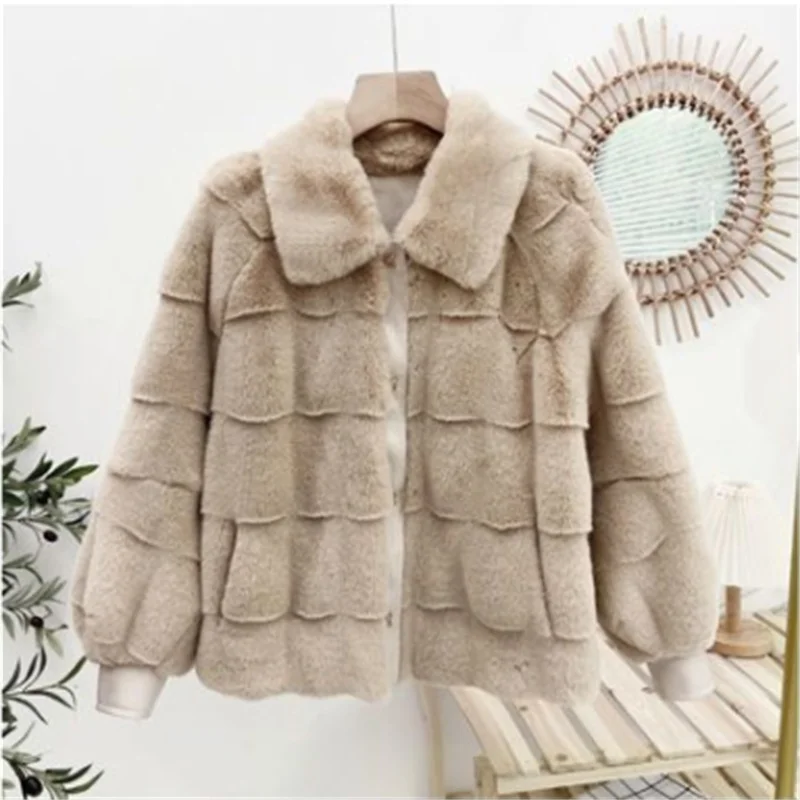 Korean Danish Mink Short Coat All-Match Women\'s Faux Fur Jacket High-End Fashion Mother\'s Clothes Splicing Wool Jacket Black Q8