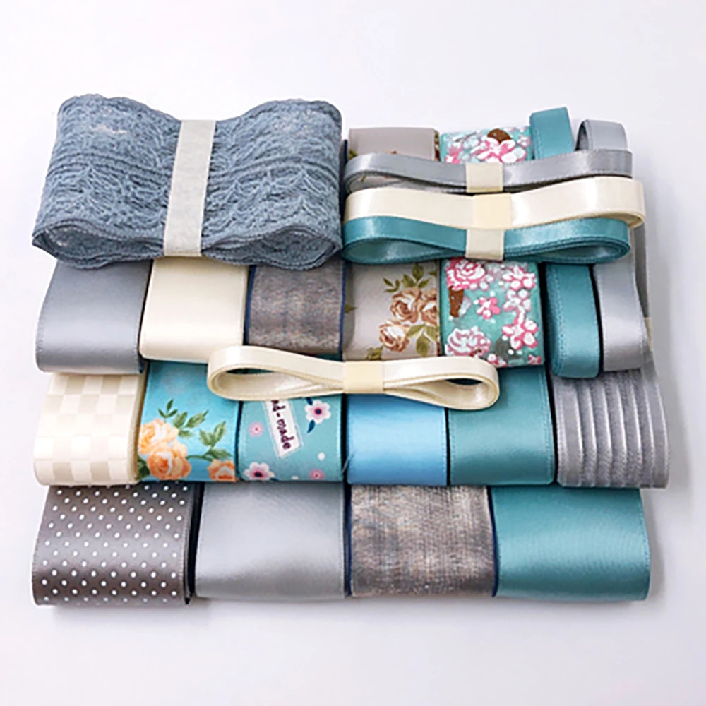 

Chainho,Ribbon Grosgrain Set,Single Face,Gray & Blue, DIY Handmade Gift Craft Packing,Hair Ornaments Accessories,22 Pieces/Set