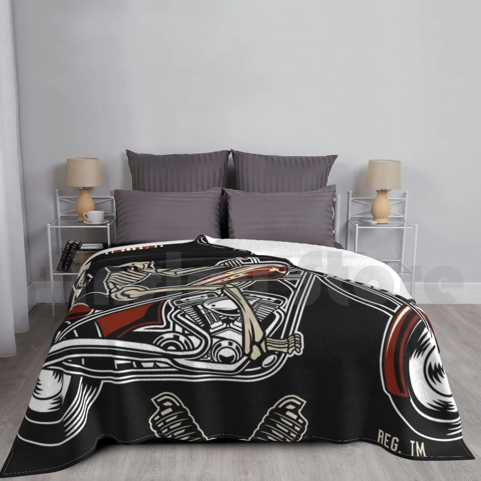 Motorebel Skull-Poster Blanket Super Soft Warm Light Thin Rocker Biker Racing Bearded Hipster Moustache Motobike