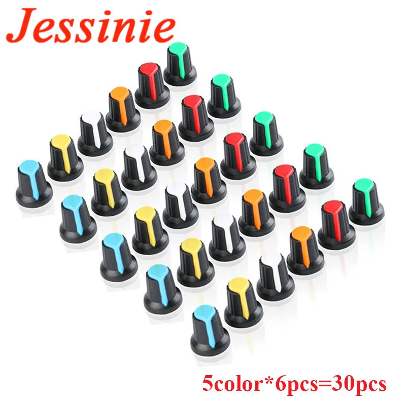 6Pcs/30pcs WH148 Potentiometer Knob Kit Plastic Knobs Cap 6mm Shaft Hole AG2 Yellow Orange Blue White Red 5value*6PCS=30PCS