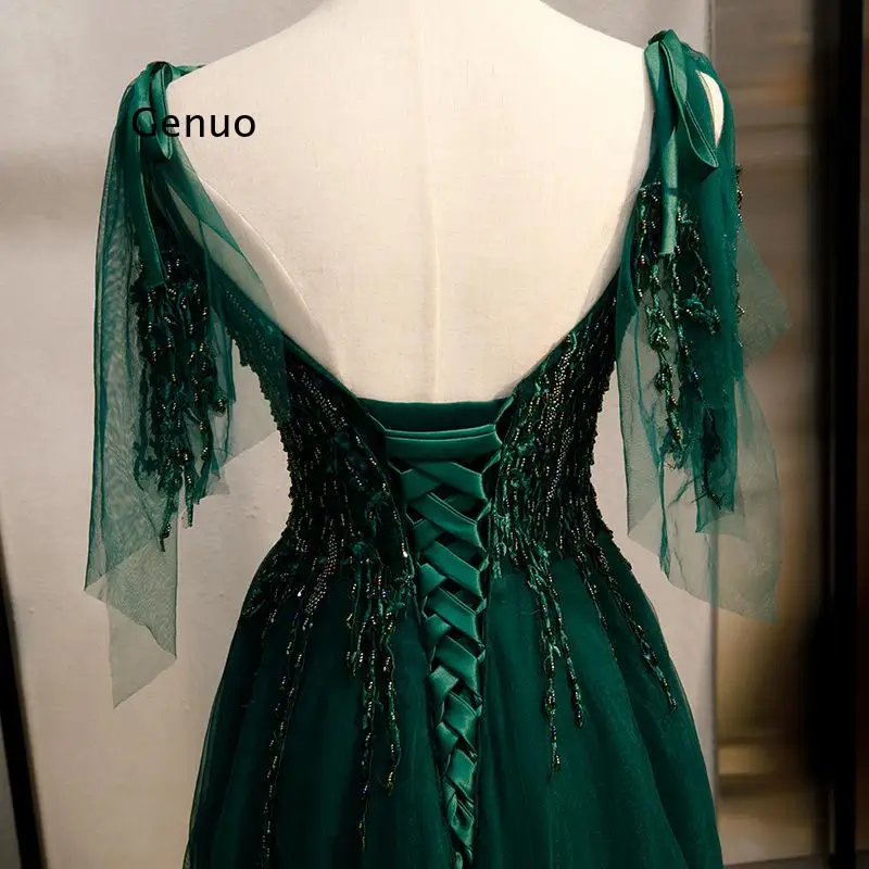 Women New Green Evening Party Dress Sexy V-Neck Sleeveless A-Line Floor-Length Crystal Bling Backless Lace Up Formal Vestido