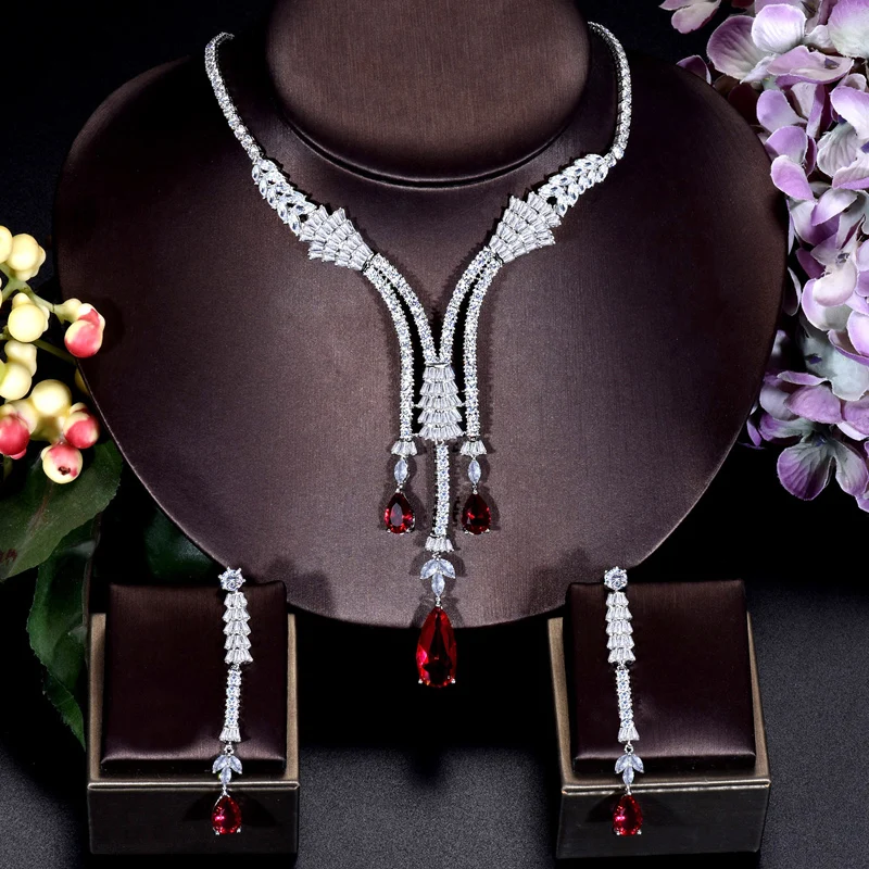 ANGELCZ Sparkling Red Cubic Zirconia Dangle Drop Long Tassel Wedding Earrings Necklace Dubai Jewelry Sets For Women Bridal AJ210