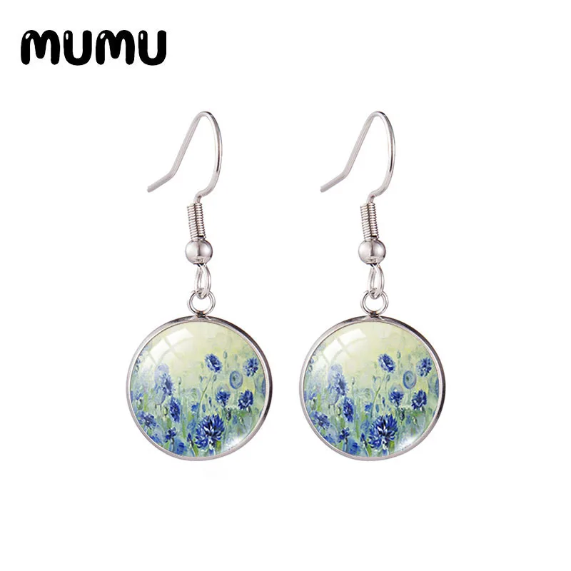 2020 New Blue Cornflowers Earring Cornflower Round Jewelry Printed Picture Glass Cabochon Fish Hook Earrings