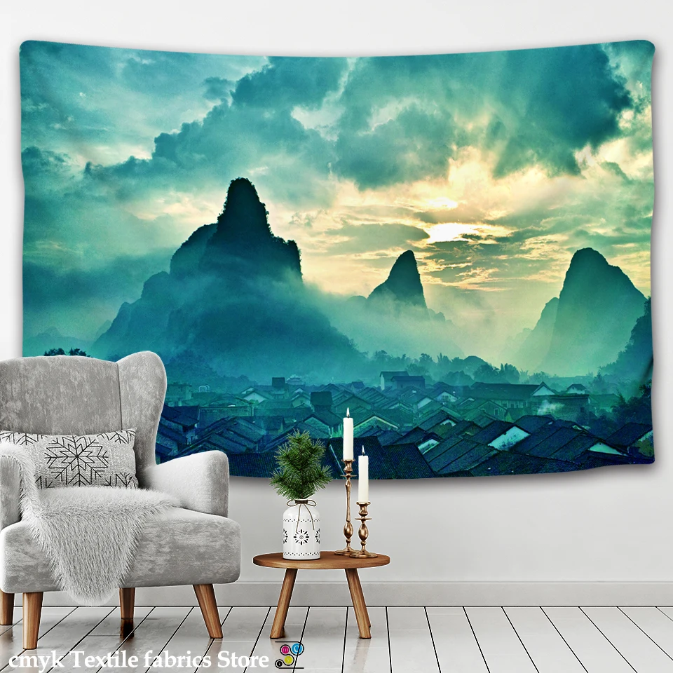 Live Photo Clear Mountain and Green Water Large Landscape Printed Tapestry Psychedelic Wall Hanging Bohemian Wall Art Home Decor