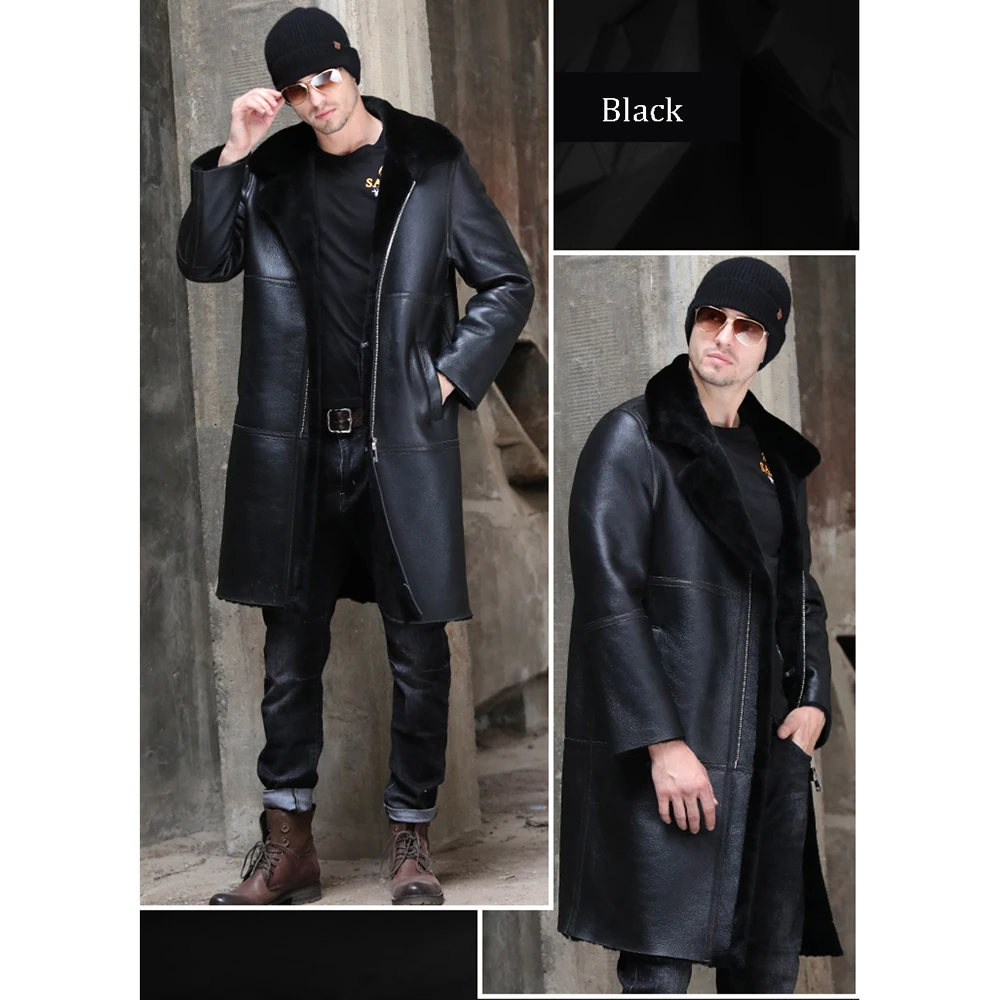 LUHAYESA Long Sheepskin Shearling Fur Jacket Men Winter Fur Coat Real Sheepskin Leather Genuine Suedue Thicken Long Fur Outwear