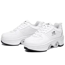 Dual-purpose roller skates double-row deformation shoes white low-top four-wheeled multi-function deformed roller skates