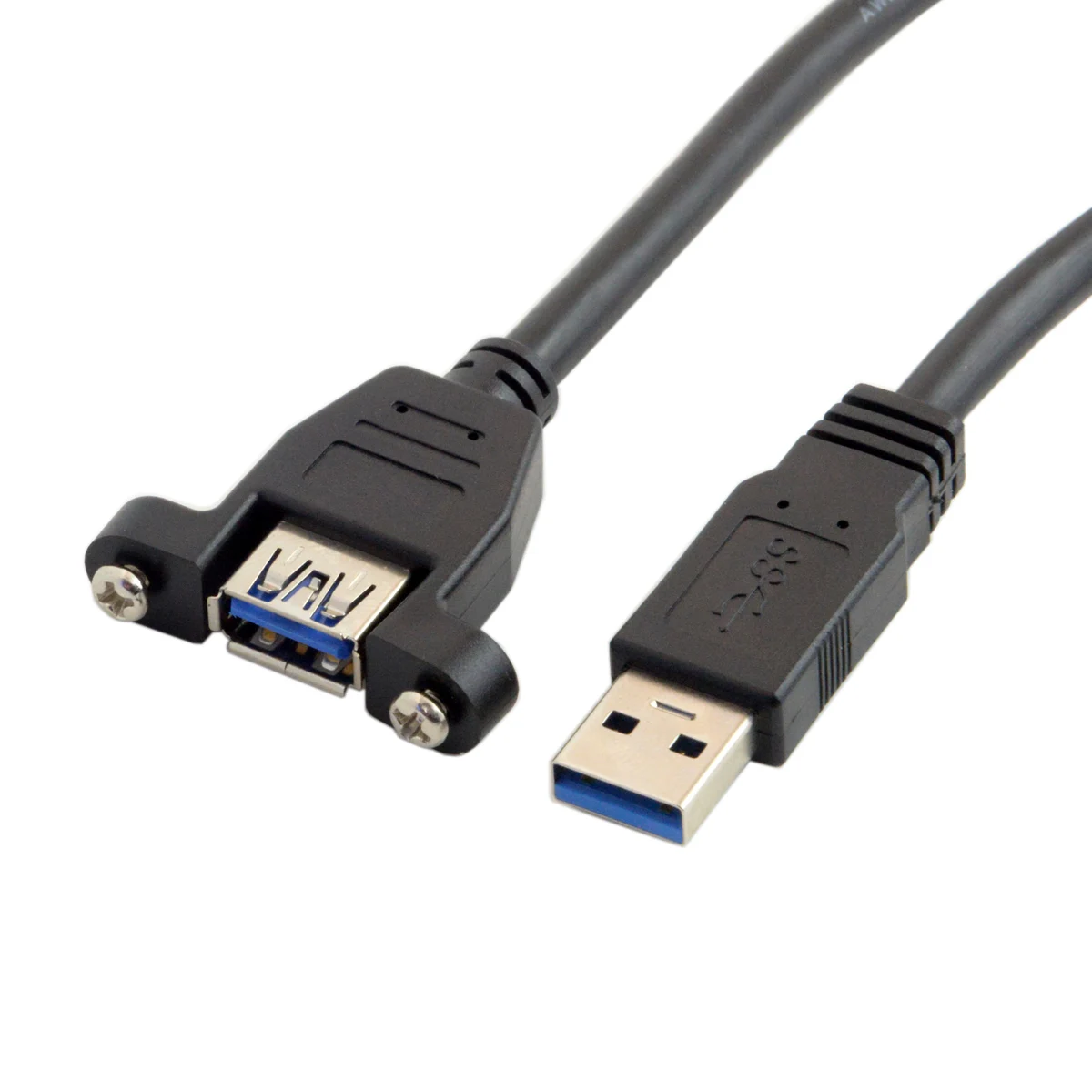 Black USB 3.0 Male To Female Extension Cable With Panel Mount Screw Hole Lock Connector Adapter Cord For Computer (With Screws)