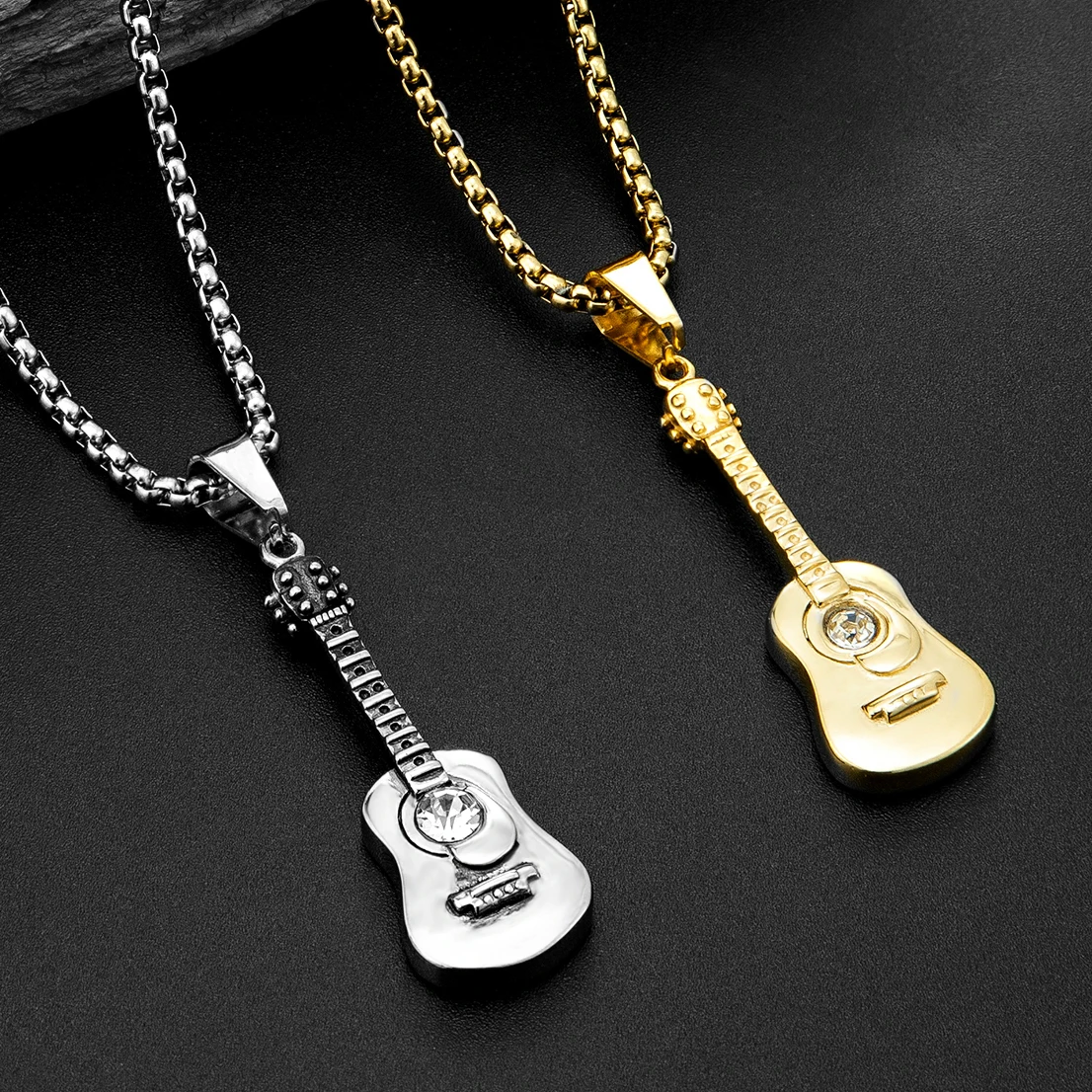 Punk Guitar Shape pendant necklace Stainless Steel Men or Women Necklaces Jewelry Hiphop Rock Slide Music Element sweater Chains