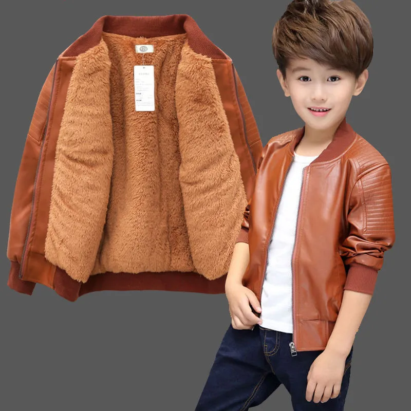 Boys Coats Autumn Winter Fashion Children\'s Plus Velvet / No Velvet Two styles Warming Cotton PU Leather Jacket For 1-11Y Kids