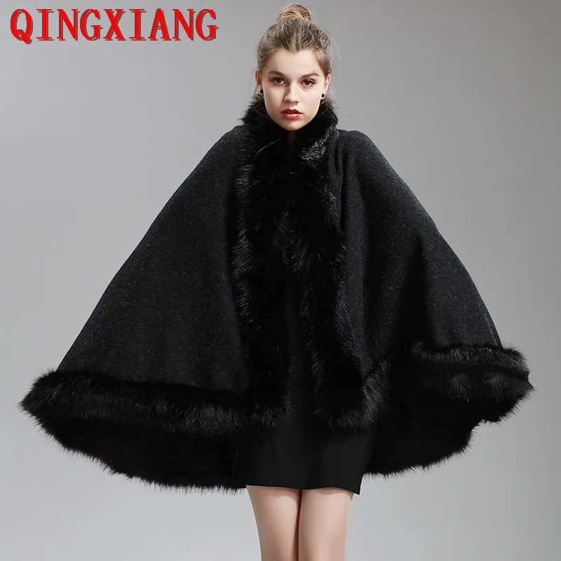 

Winter Cape Thick Black Grey Red Loose Coat 2021 Poncho Women Faux Fur Big Collar Plus Size Big Pendulum Dovetail Cardigan