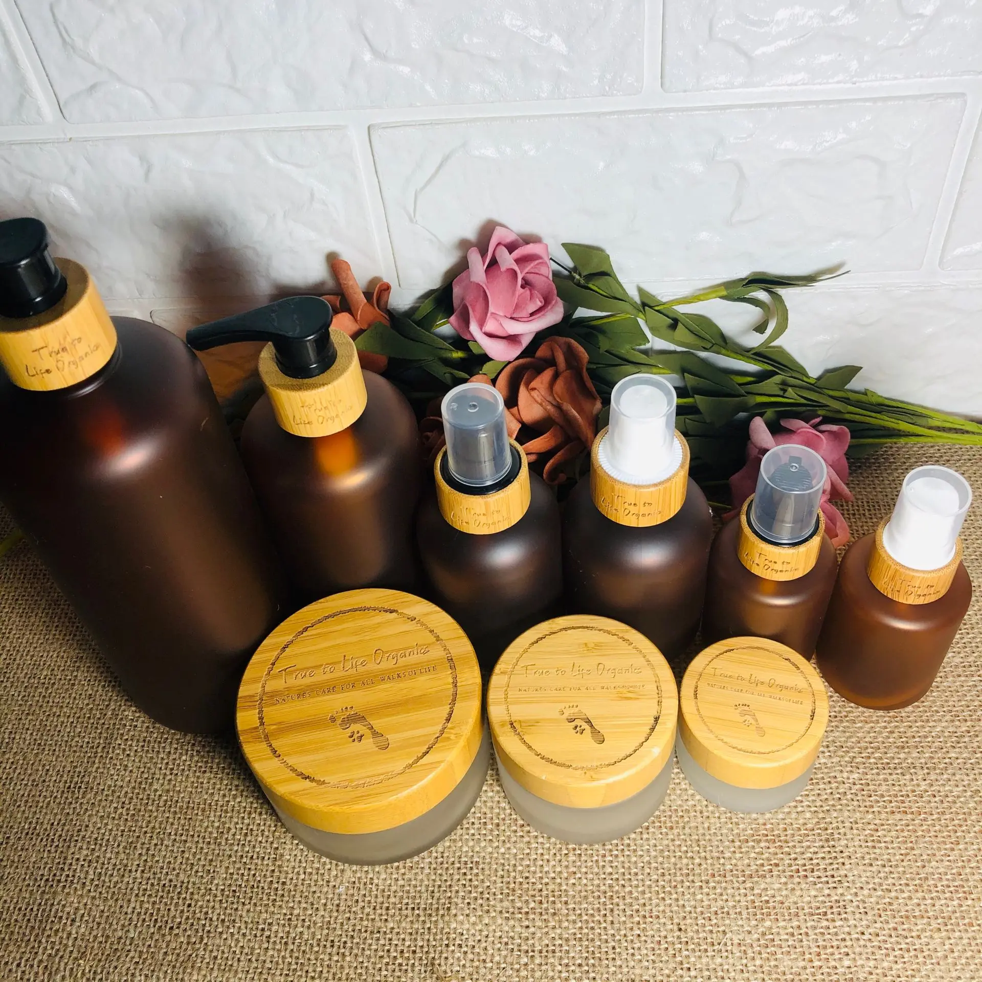 

Wholesale Empty Amber Cosmetic Container Jar Plastic PET Beauty Hair Tools Shampoo Hand Wash Lotion Pump Bottles With Bamboo Cap