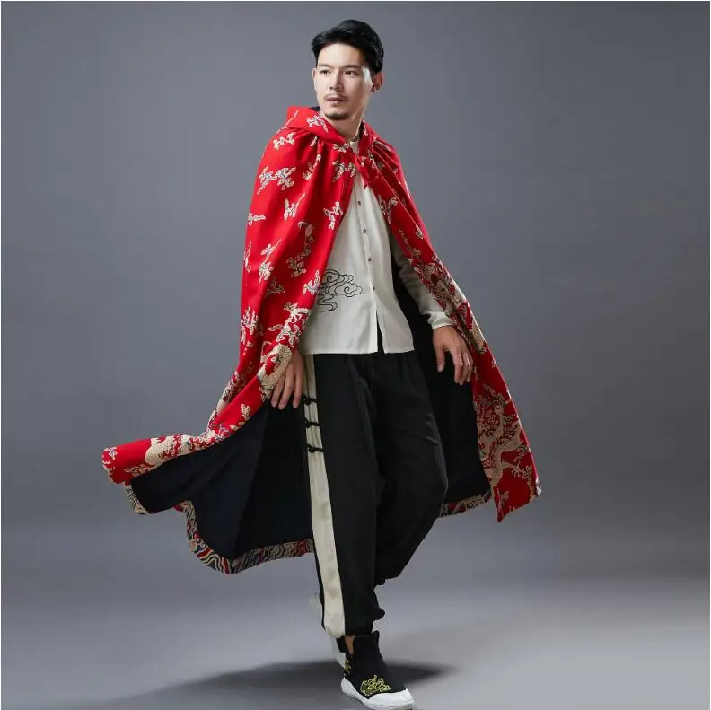 Oriental Dragon printed Plush Cape spring  Autumn Chinese style clothing  Hemp cotton Cloack ancient costume for Overseas Asian