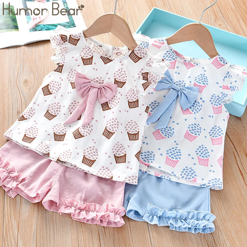 Humor Bear NEW Girls Clothing Set Sleeveless  Summer Ice Cream Bow Top T-shirt+Pants 2Pcs Suit Toddler  Children's Clothes