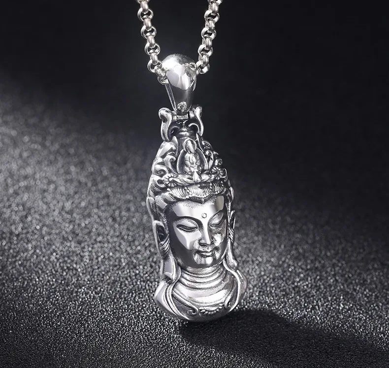 100% 925 Silver Kuanyin Buddha Pendant Vintage Sterling Avalokitesvara Bodhisattva Pendant Buddhist Guanyin Good Luck Pendant