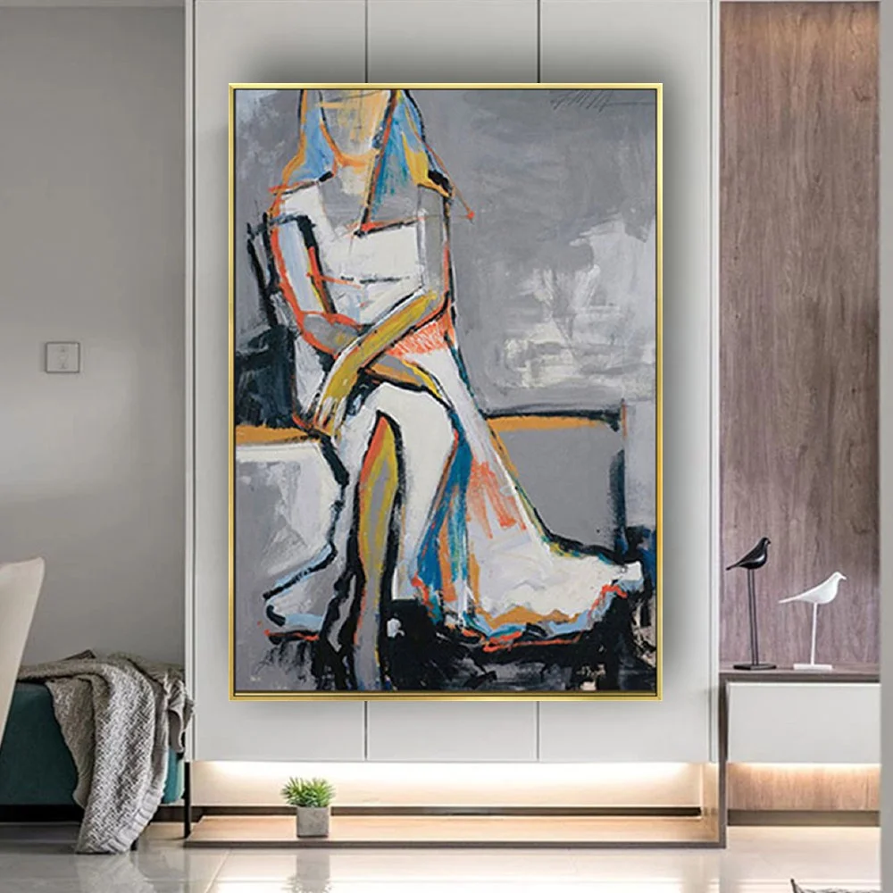 

100% Handmade Grey Abstract Canvas Oil Painting Modern Home Decor Figure Wall Art For Live Corridor Porch Hotel Salon Decoration