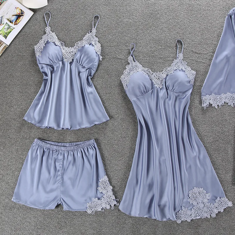 Sexy Satin Pajamas Sets Female Sleepwear For Women Lace Pyjamas Nightgowns Pijama Home Wear Suit pyjama femme