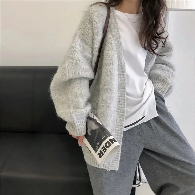 Casual Loose Knitted Cardigan Women Korean Fashion V Neck Oversized Sweaters Vintage Woman Solid Long Sleeve Sweater Coats Mujer