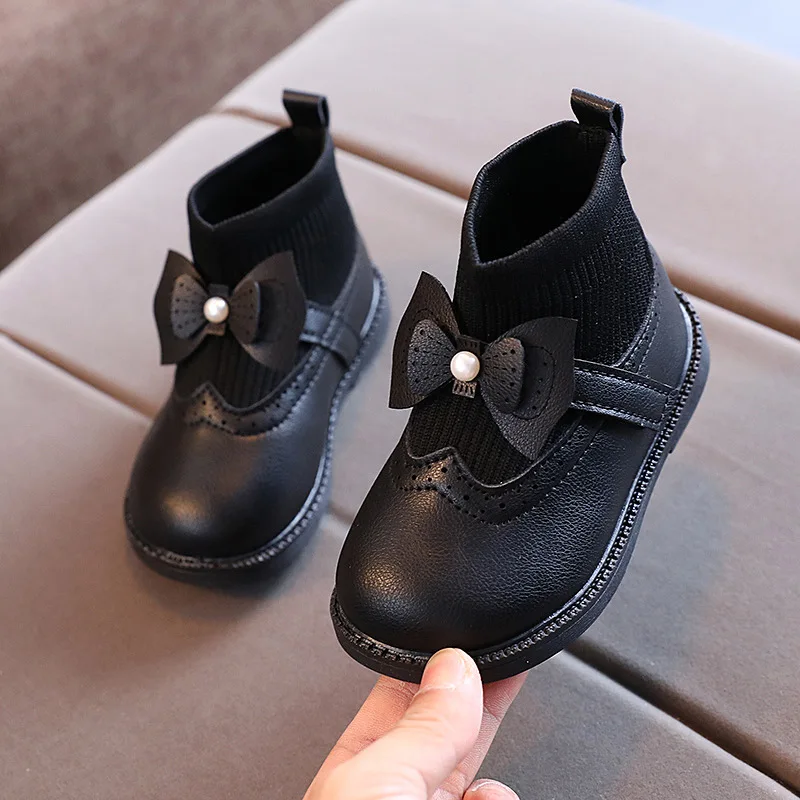 New Girls Fashion Leather Boots Autumn Children\'s Soft Sole Short Boots Cute Bow Knitted Single Shoes G265