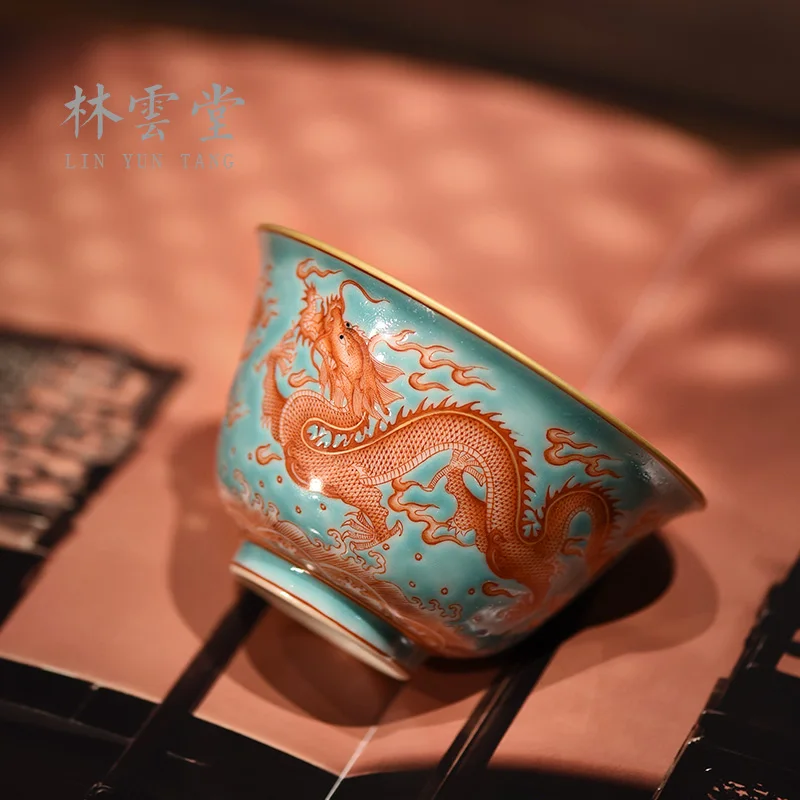 Lin Yuntang hand-painted green vitriol red royal dragon blessing master cup manually jingdezhen ceramic praised tea cups