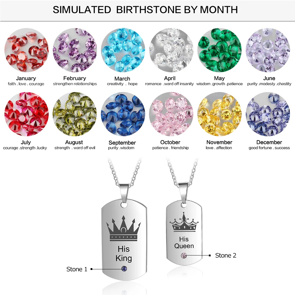 Personalized Necklaces Fashion Stainless Steel Jewelry DIY  King & Queen Birthstone Pendant Anniversary Promise Gift for Couples