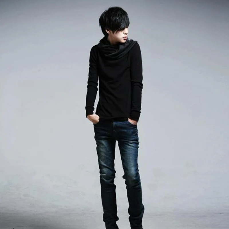 New fashion Korean version of the trend of autumn and winter pile collar personalized hair stylist men's long-sleeved Slim T-shi