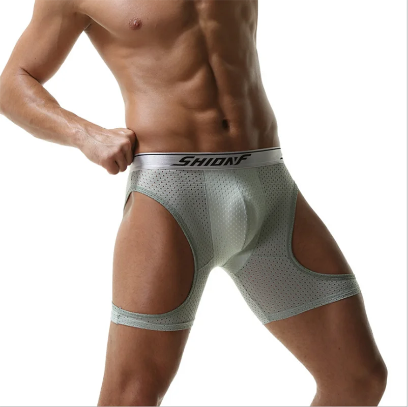 Cueca boxer masculina de tecido de gelo, roupa íntima respirável de seda com legging comprida, lingerie esportiva de malha