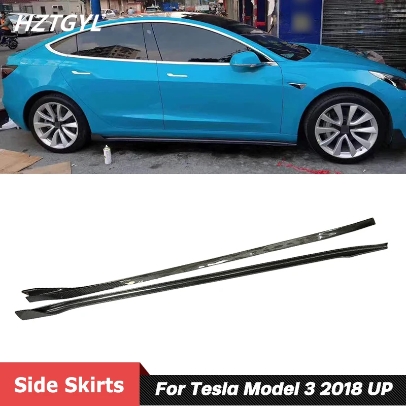 V Style Carbon Fiber Material Side Skirts Extensions Lip For Tesla Model 3 Tuning 2018 Up