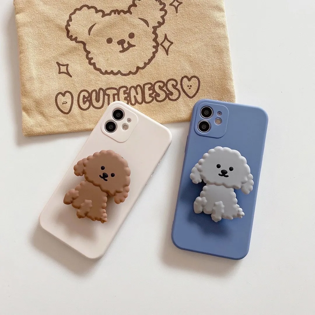 Fashion Cute clever Teddy Dog Poodle Puppy Bracket soft phone case for iPhone 14 13 12 Pro 7 8 Plus 11 Pro Max X Xs Max XR cover