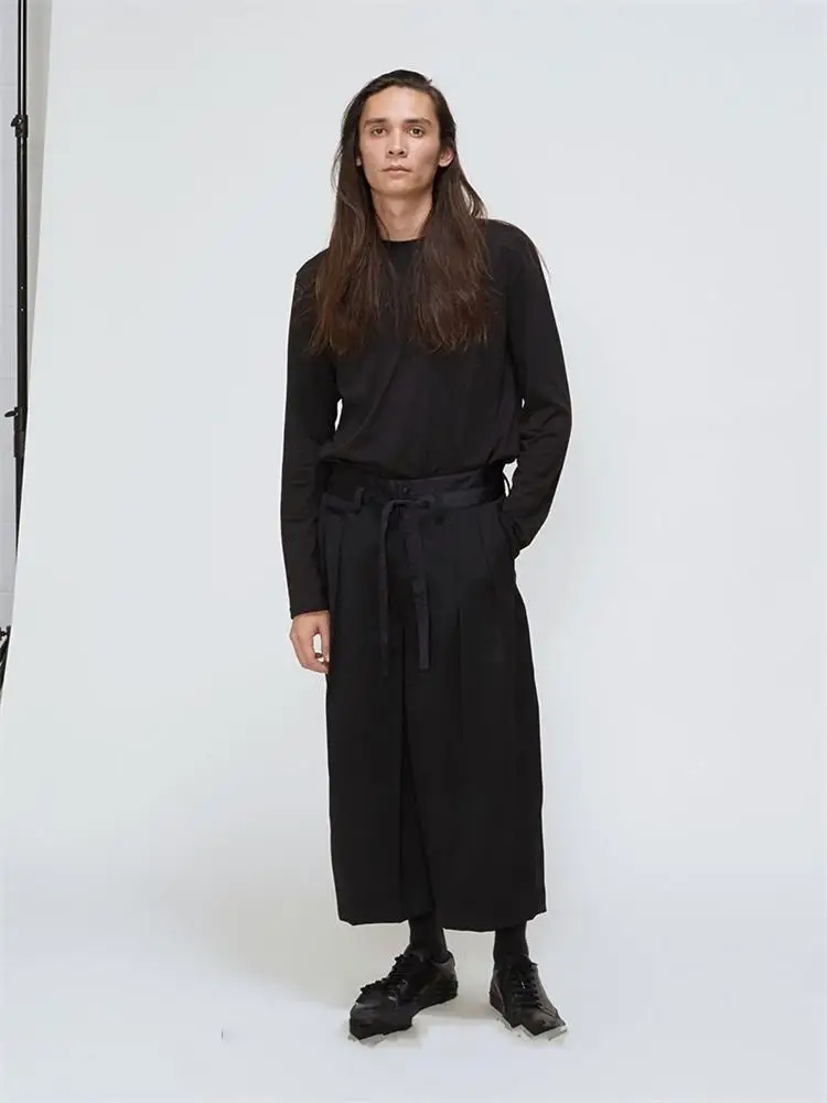 Spring And Autumn New Men's Hair Stylist Fashion Hip-Hop Loose Casual Wide-Leg Pants Culottes With Belt Cut Up Straight Pants