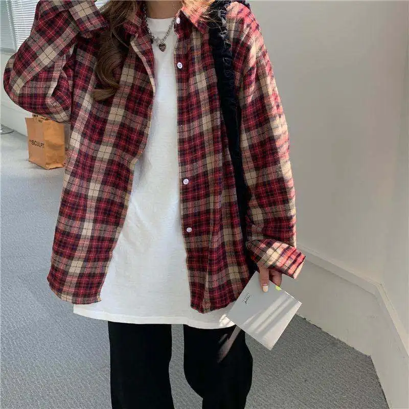 女性のためのヴィンテージチェックシャツ,学生服,女性のファッション,春のトップ,レジャー,日常,快適,シック,ミニマリスト