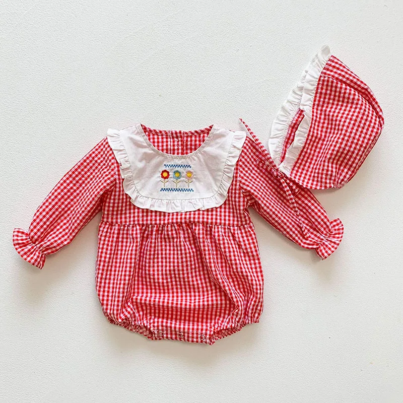 

Baby Girl Rompers Kids Girl Long Sleeve Grid Embroider Rompers Spring Autumn Infant Baby Girl Newborn Rompers Clothes