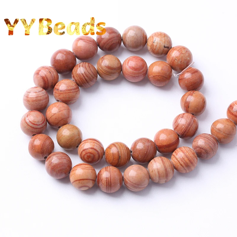 Natural Red Wood Stripes Stone Beads Jaspers Gem Round Smooth Beads For Jewelry Making Charms Bracelets 15\