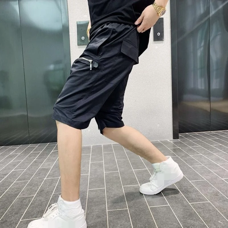 Gothic Street Cross-Pant Men Elastic Waist Zip Pocket Drop Crotch Black Harem Shorts Mens Casual Loose Knee Length Sweatpants