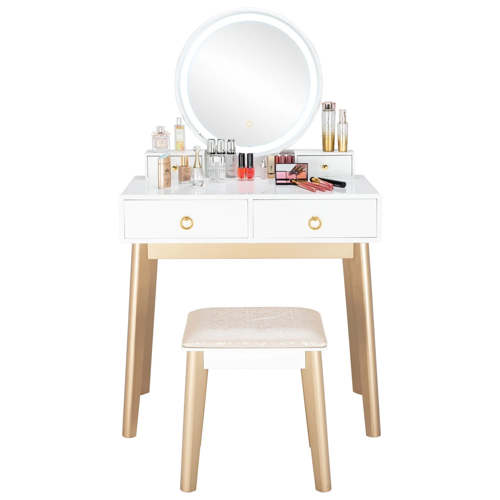 Dressing Table Bedroom Light Luxury Real Wood  Simple Dressers Makeup Table With Lamp Three Color Adjustable US Warehouse