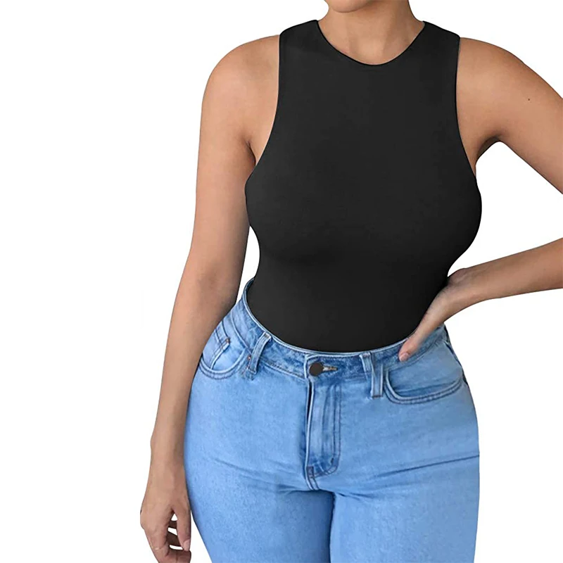 Czarny seksowny kombinezon bez rękawów dla kobiet O Neck Casual Summer White Body Top Skinny Streetwear Famale Solid Color Basic Top Jumpsuit — zdjęcie 5