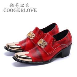 Spring Men's shoes Business Banquet Increase Casual leather Shoes Metal Square head Model Show leather High-heeled Shoes