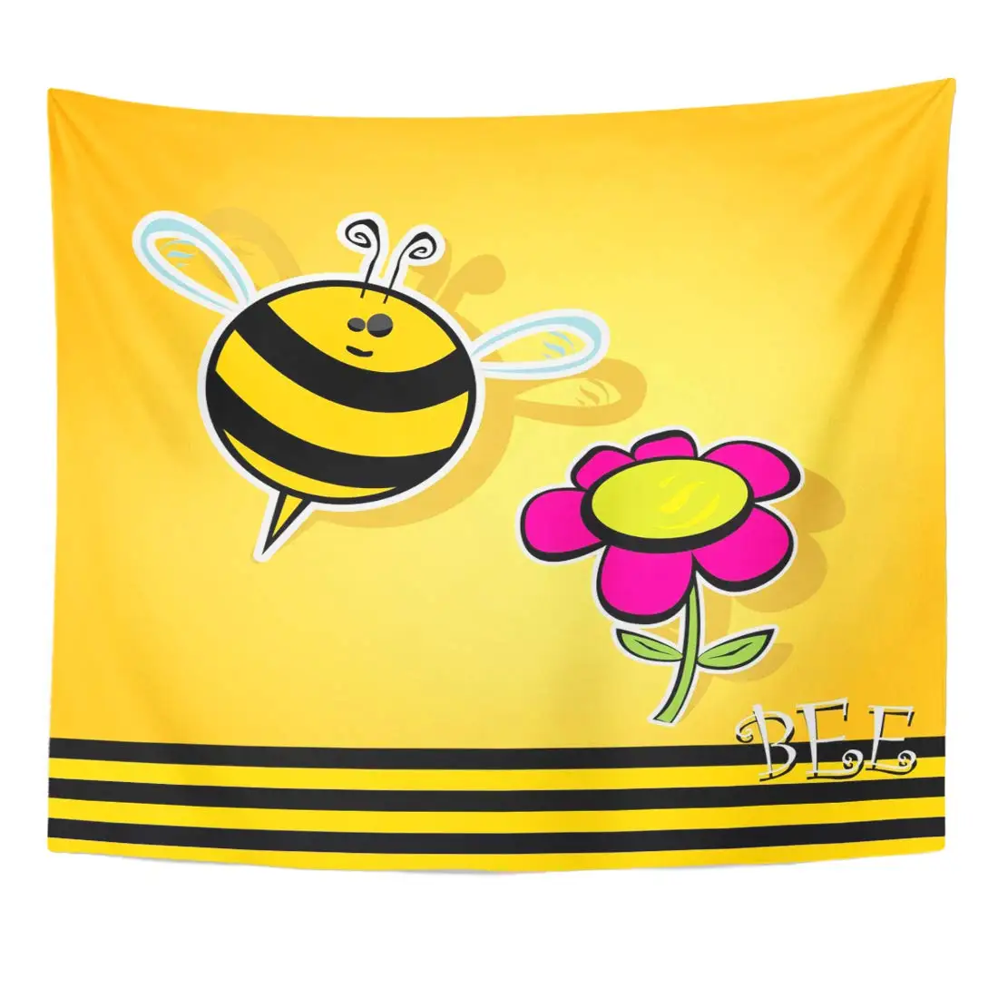 Insect Black Abstract Bee with Flower Cartoon Cute Bright Baby Fly Near Orange Animal Beetle Tapestry Home Decor Wall Hanging