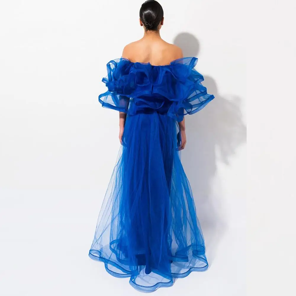 Elegante Royal Blue Backless Tüll Boden Länge Lange Slash neck Weg Von Der Schulter Sheer Tüll Kleid Sehen Durch Kleid