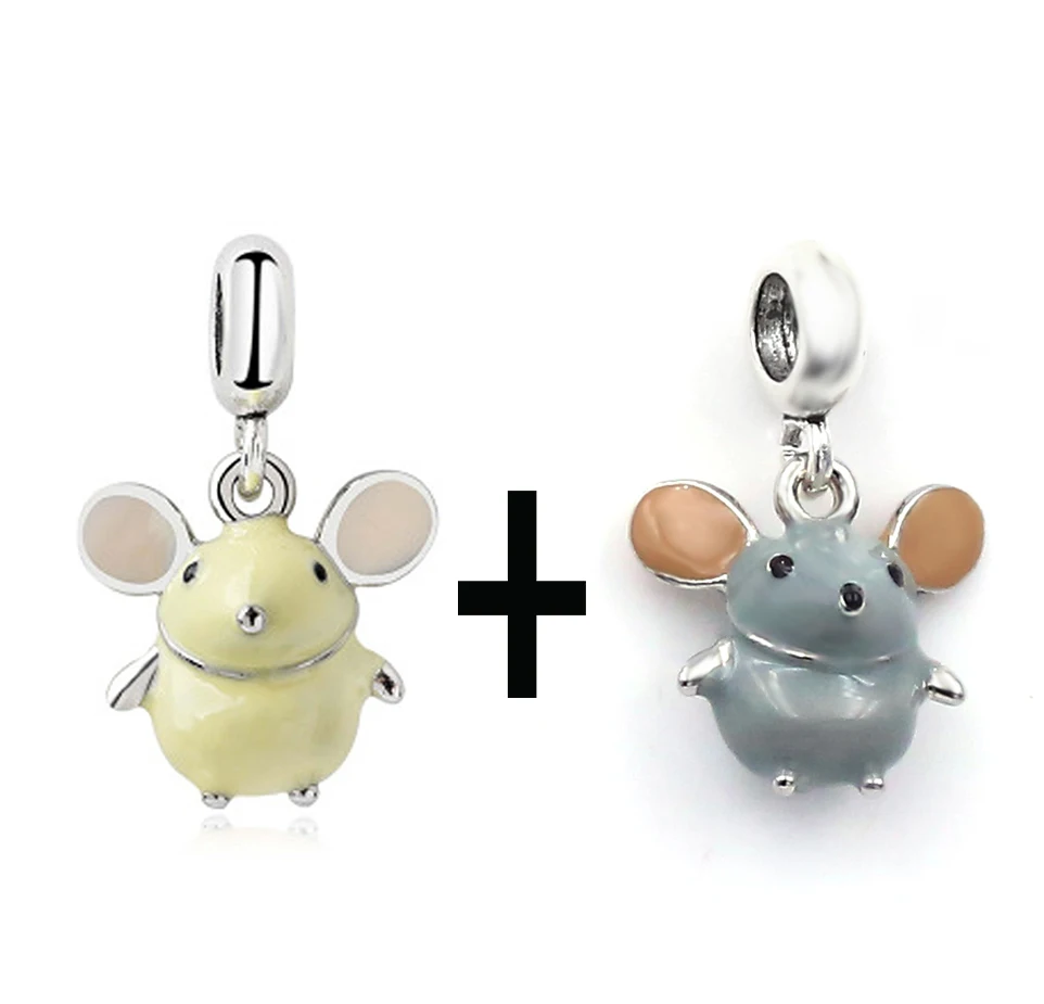 Buipoey 2pcs Enamel Mouse Pendant Big Ears Mouse Zodiac Rat Charms Fit Brands Necklace Bracelet Animal Jewelry For Women