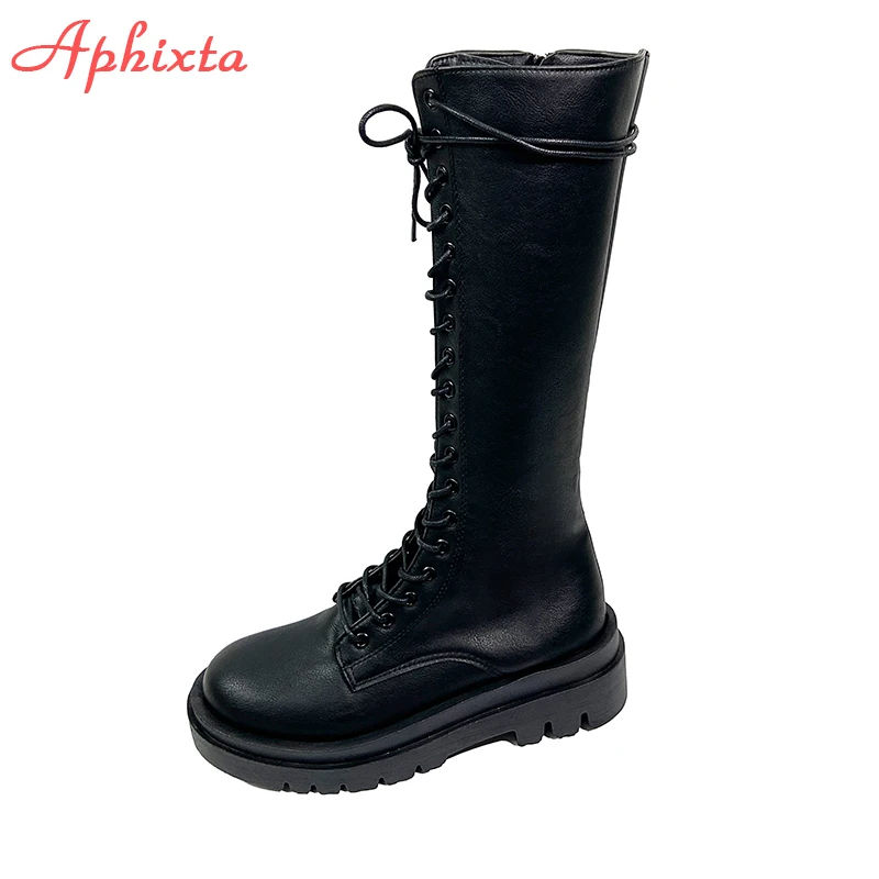 

Aphixta New Winter Goth Shoes Women's Long High Boots Leather Cross-Tie Lace-up Shoes Female Fashion Platform Botas Mujer