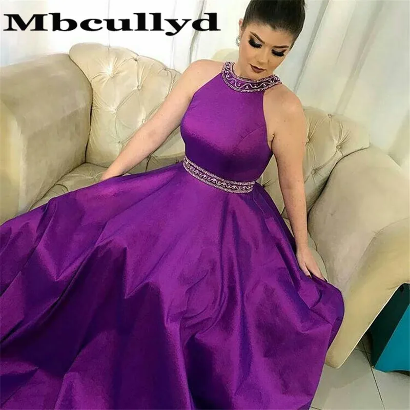 Mbcullyd Beaded Long Prom Dresses 2023 Sexy Backless Evening Party Dress For Women Modest Halter Neck Purple robe de soiree