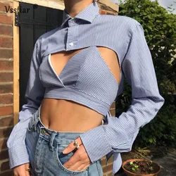 Elegant Striped Blouse Women Fashion Notched Sexy Hollow Out Autumn Blouses Winter Long Sleeve Casual Ladies Shirt Streetwear