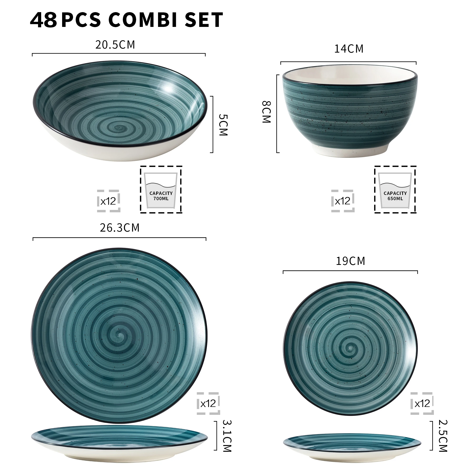 VANCASSO BONBON Green 24/48-Piece Handpainted Spirals Stoneware Dinner Combi-Set with Bowl,Dessert Plate,Soup Plate,Dinner Plate