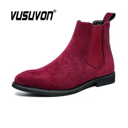 Men Chelsea Boots 2021 New Fashion Suede Genuine Leather Ankle High Grade Slip On Red Black Shoes Basic 38-48 Big Size Wide Feet